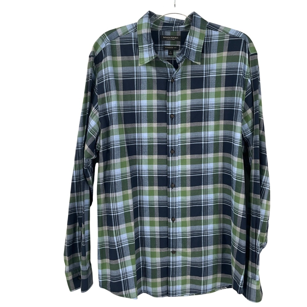 Banana Republic Luxe Flannel Shirt Mens XL Green Blue Plaid Cotton‎ Camden Fit